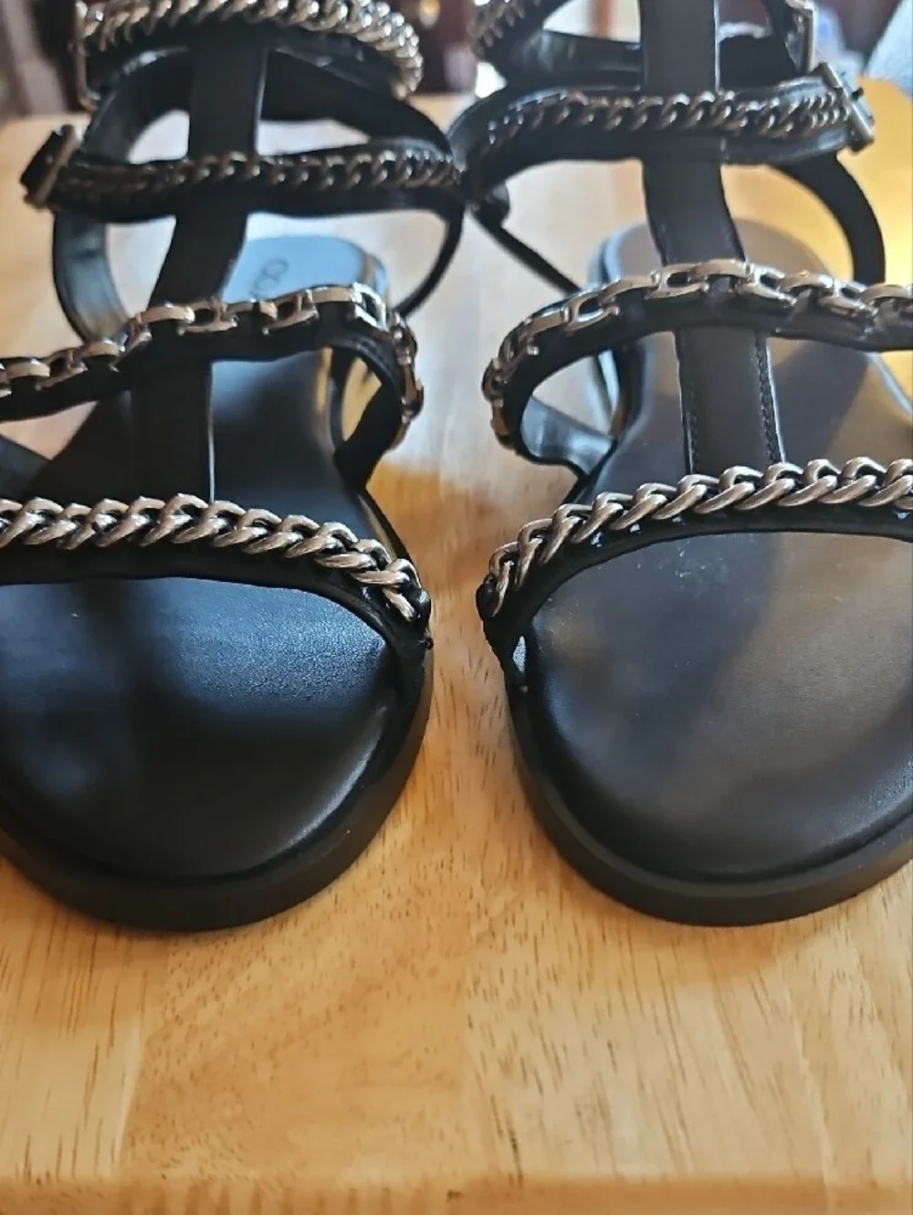 Coach Haddie Gladiator Black Leather Women's Sandals with Silver Chain Detail